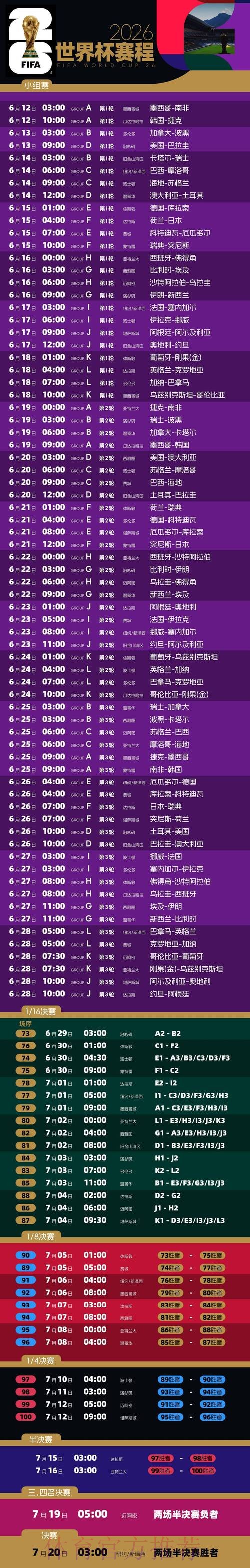 2026世界杯比赛时间一览完整安排查询入口 2026世界杯比赛时间一览完整安排查询入口